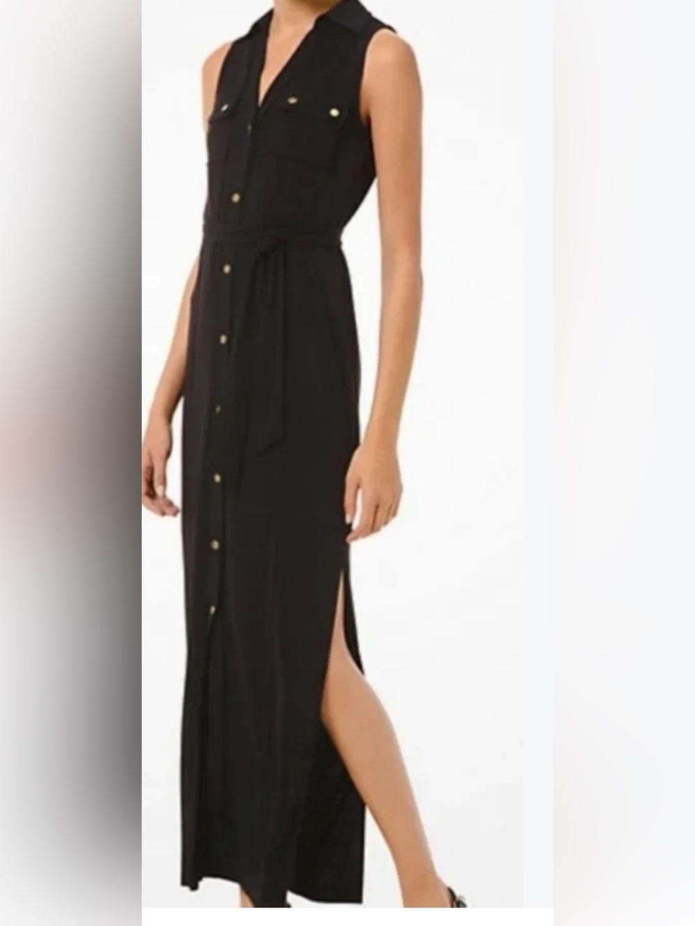 CARMEN MARC VALVO Sleeveless Black Button-Front Maxi Dress with Waist Tie